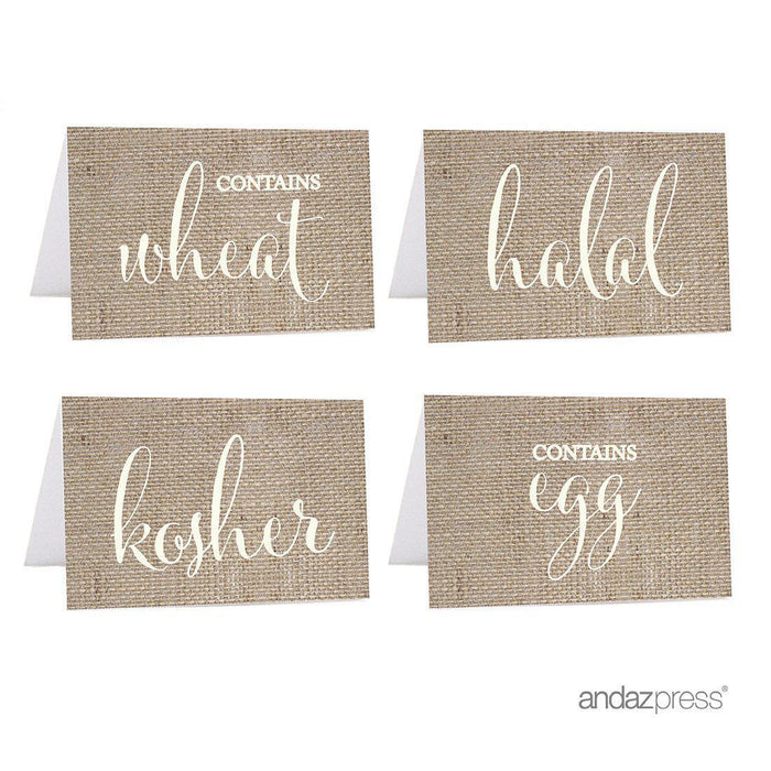 Food Station Buffet Menu Place Cards, Country Chic Burlap-Set of 20-Andaz Press-Kosher, Halal, Egg, Wheat-