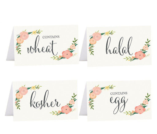 Food Station Buffet Menu Place Cards, Floral Roses-Set of 20-Andaz Press-Kosher, Halal, Egg, Wheat-
