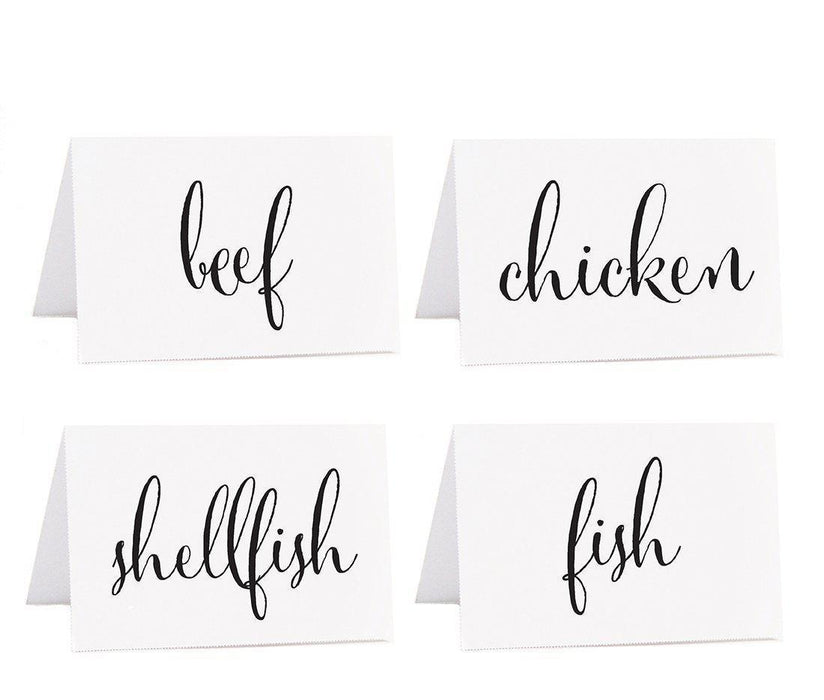 Food Station Buffet Menu Place Cards, Formal Black & White-Set of 20-Andaz Press-Beef, Chicken, Fish, Shellfish-