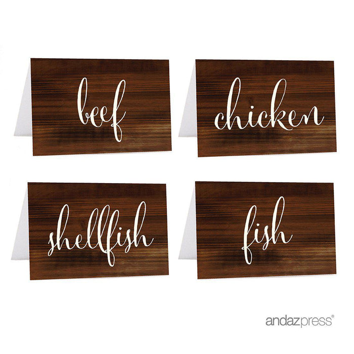 Food Station Buffet Menu Place Cards, Rustic Wood-Set of 20-Andaz Press-Beef, Chicken, Fish, Shellfish-