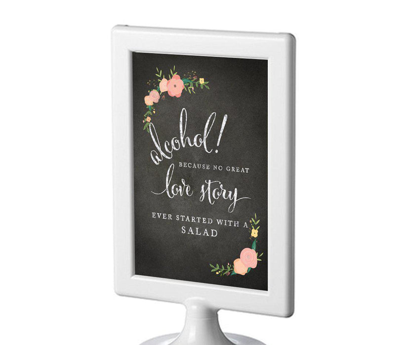 Framed Chalkboard & Floral Roses Wedding Party Signs-Set of 1-Andaz Press-Alcohol, No Story Started With A Salad-