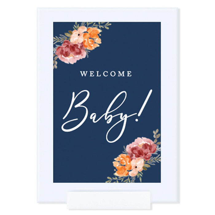 Framed Navy Blue with Orange Pink Fall Watercolor Flowers Party Sign Baby Shower Collection, Reusable Photo Frame-Set of 1-Andaz Press-Babies Are Sweet-