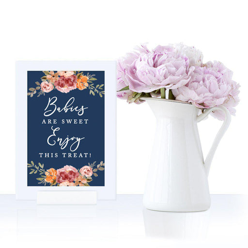 Framed Navy Blue with Orange Pink Fall Watercolor Flowers Party Sign Baby Shower Collection, Reusable Photo Frame-Set of 1-Andaz Press-Babies Are Sweet-