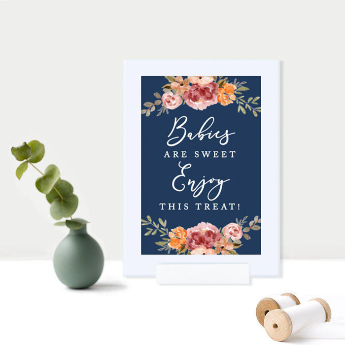 Framed Navy Blue with Orange Pink Fall Watercolor Flowers Party Sign Baby Shower Collection, Reusable Photo Frame-Set of 1-Andaz Press-Babies Are Sweet-