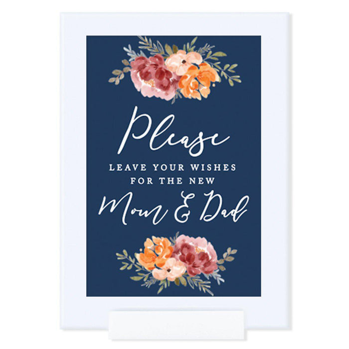 Framed Navy Blue with Orange Pink Fall Watercolor Flowers Party Sign Baby Shower Collection, Reusable Photo Frame-Set of 1-Andaz Press-Babies Are Sweet-