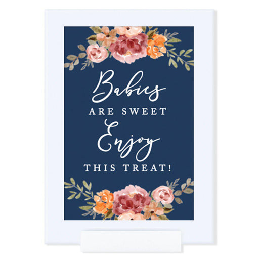 Framed Navy Blue with Orange Pink Fall Watercolor Flowers Party Sign Baby Shower Collection, Reusable Photo Frame-Set of 1-Andaz Press-Babies Are Sweet-