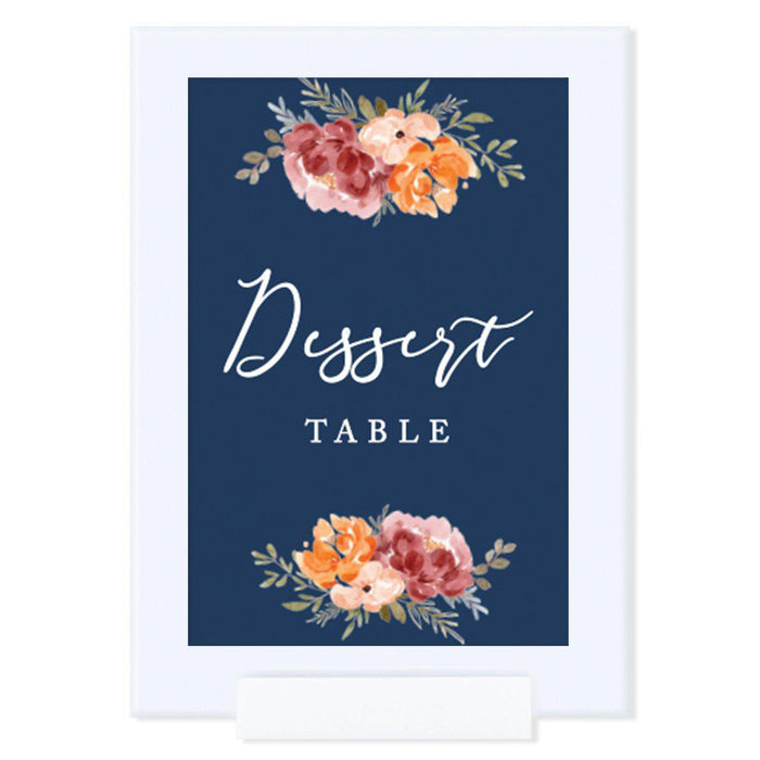 Framed Navy Blue with Orange Pink Fall Watercolor Flowers Party Sign Baby Shower Collection, Reusable Photo Frame-Set of 1-Andaz Press-Dessert Table-