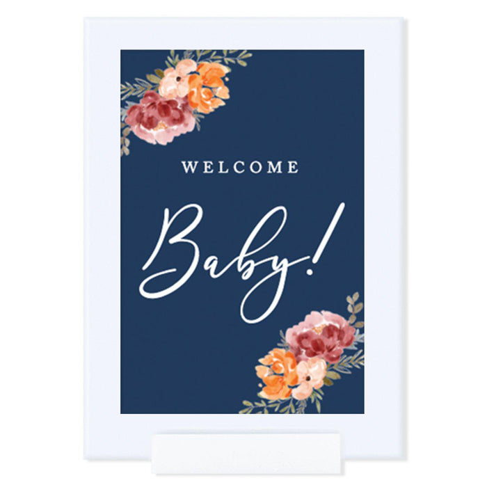 Framed Navy Blue with Orange Pink Fall Watercolor Flowers Party Sign Baby Shower Collection, Reusable Photo Frame-Set of 1-Andaz Press-Welcome Baby-