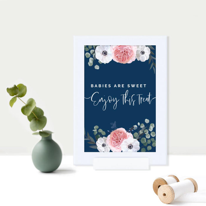 Framed Winter Navy Blue with Eucalyptus Blossoms Party Sign Baby Shower, Floral Graphic Design, Reusable Photo Frame-Set of 1-Andaz Press-Babies Are Sweet-