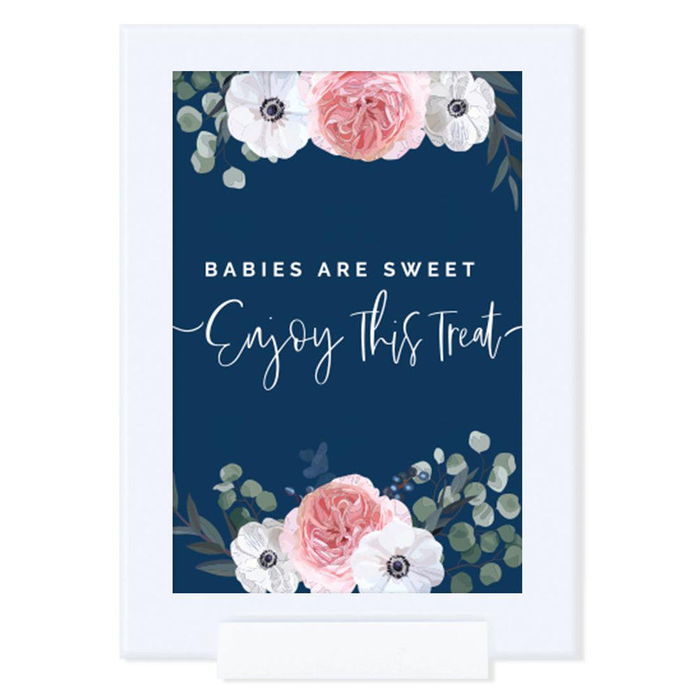 Framed Winter Navy Blue with Eucalyptus Blossoms Party Sign Baby Shower, Floral Graphic Design, Reusable Photo Frame-Set of 1-Andaz Press-Babies Are Sweet-