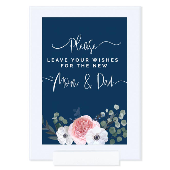 Framed Winter Navy Blue with Eucalyptus Blossoms Party Sign Baby Shower, Floral Graphic Design, Reusable Photo Frame-Set of 1-Andaz Press-New Mom & Dad-