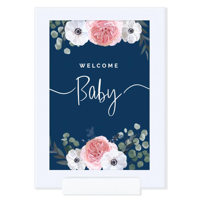 Framed Winter Navy Blue with Eucalyptus Blossoms Party Sign Baby Shower, Floral Graphic Design, Reusable Photo Frame-Set of 1-Andaz Press-Welcome Baby-