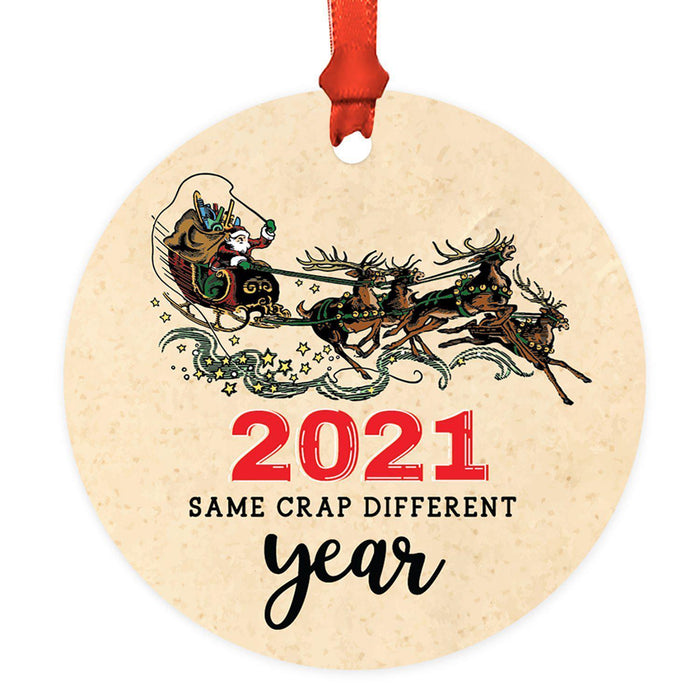 Funny Christmas Ornaments 2021 Round Metal Ornament, White Elephant Ideas-Set of 1-Andaz Press-We Survived 2021-