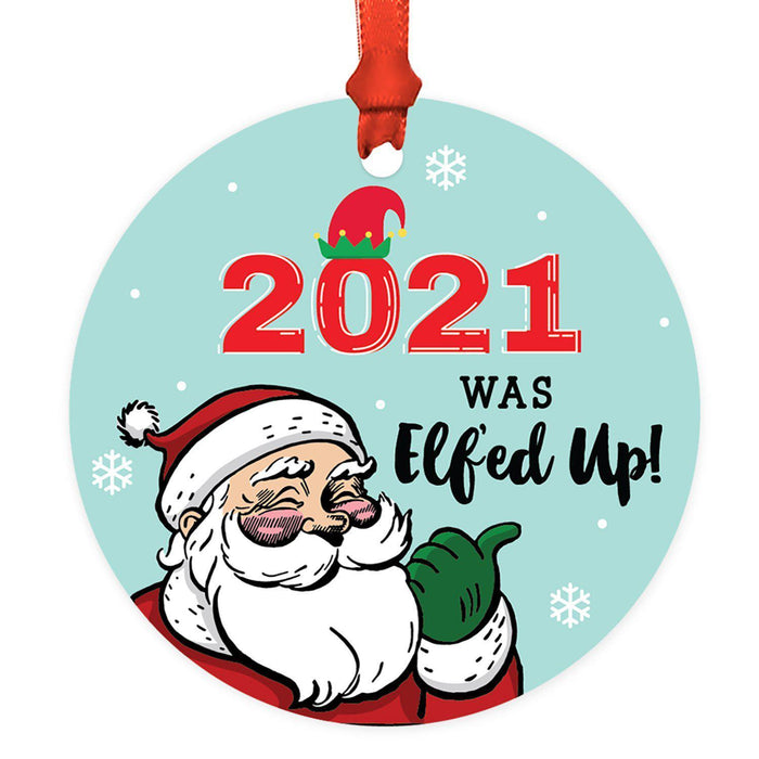 Funny Christmas Ornaments 2021 Round Metal Ornament, White Elephant Ideas-Set of 1-Andaz Press-We Survived 2021-