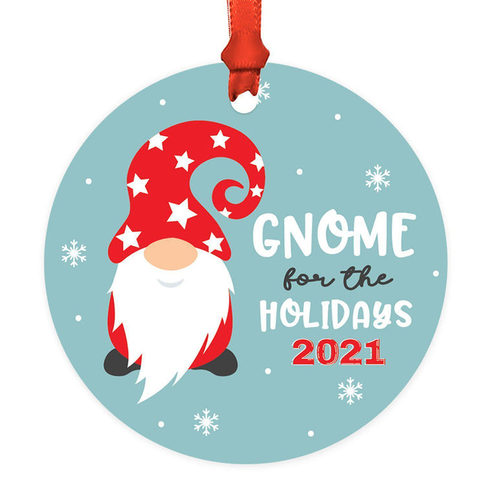Funny Christmas Ornaments 2021 Round Metal Ornament, White Elephant Ideas-Set of 1-Andaz Press-Gnome for the Holidays-