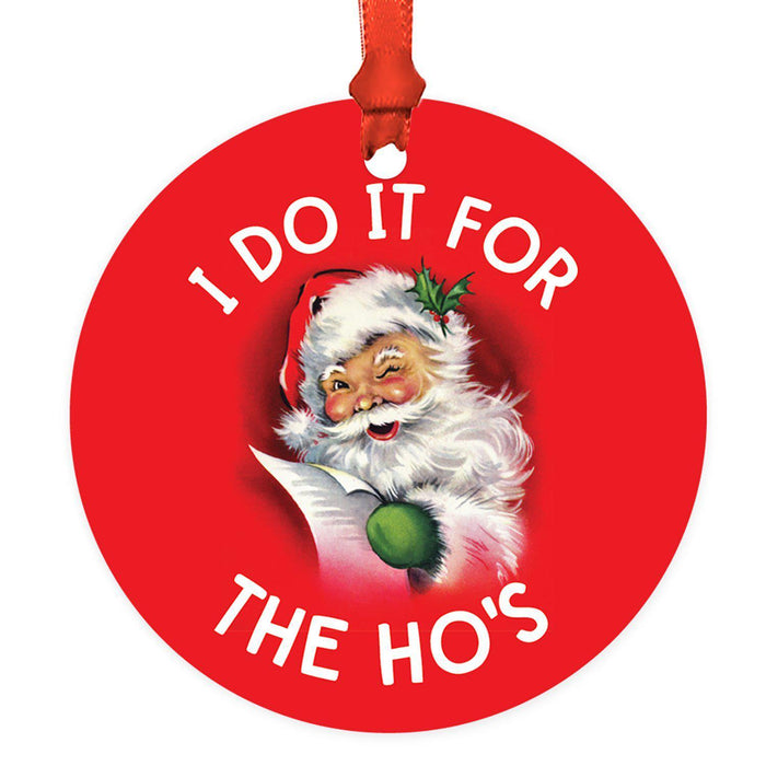 Funny Christmas Ornaments 2021 Round Metal Ornament, White Elephant Ideas-Set of 1-Andaz Press-I Do It For The Ho's-