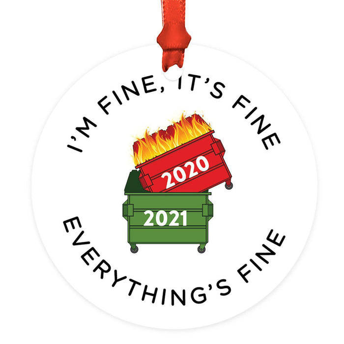 Funny Christmas Ornaments 2021 Round Metal Ornament, White Elephant Ideas-Set of 1-Andaz Press-I'm Fine, It's Fine Everything's Fine-