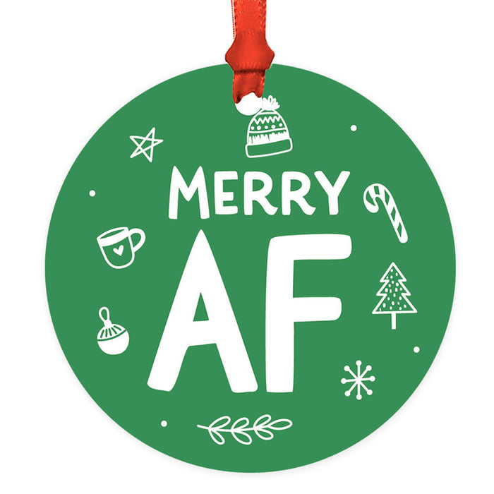 Funny Christmas Ornaments 2021 Round Metal Ornament, White Elephant Ideas-Set of 1-Andaz Press-Merry AF-