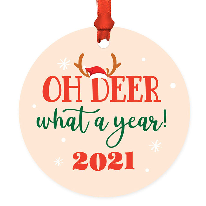Funny Christmas Ornaments 2021 Round Metal Ornament, White Elephant Ideas-Set of 1-Andaz Press-Oh Deer What A Year!-