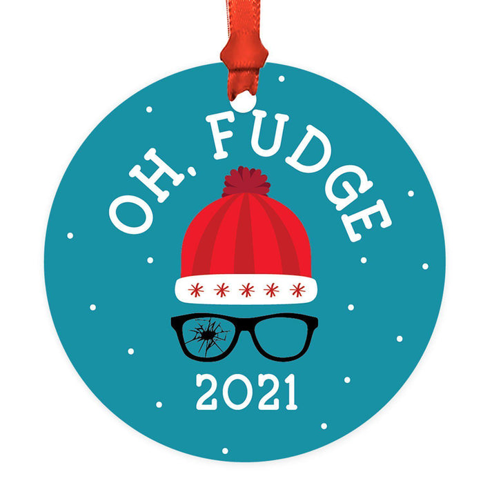 Funny Christmas Ornaments 2021 Round Metal Ornament, White Elephant Ideas-Set of 1-Andaz Press-Oh, Fudge 2021-