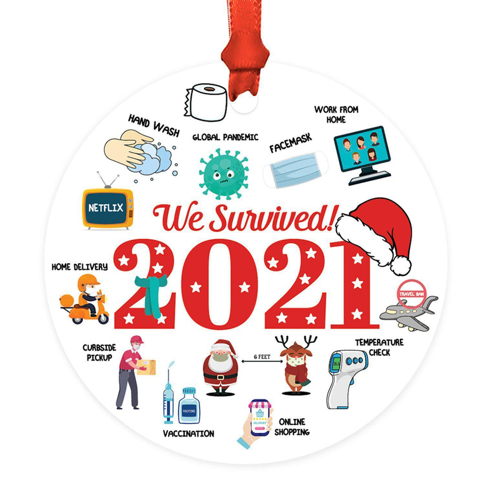 Funny Christmas Ornaments 2021 Round Metal Ornament, White Elephant Ideas-Set of 1-Andaz Press-We Survived 2021-