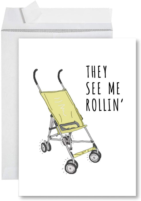 Funny Jumbo Baby Shower Card With Envelope, Funny Greeting Card-Set of 1-Andaz Press-They See Me Rollin'-