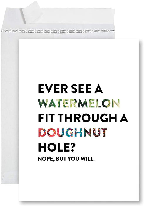 Funny Jumbo Baby Shower Card With Envelope, Funny Greeting Card-Set of 1-Andaz Press-Watermelon Fit Through Doughnut Hole-