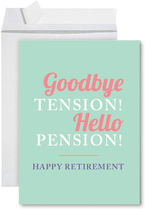 Funny Jumbo Retirement Card With Envelope, Farewell Office-Set of 1-Andaz Press-Goodbye Tension Hello Pension-