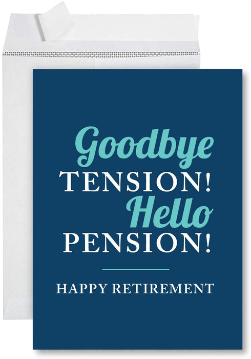 Funny Jumbo Retirement Card With Envelope, Farewell Office-Set of 1-Andaz Press-Goodbye Tension Hello Pension Blue-
