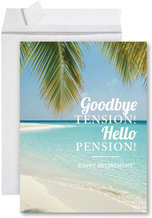 Funny Jumbo Retirement Card With Envelope, Farewell Office-Set of 1-Andaz Press-Goodbye Tension Hello Pension Tropical-