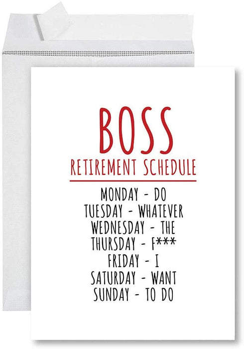 Funny Jumbo Retirement Card With Envelope, Greeting Card, For Coworker or Boss-Set of 1-Andaz Press-Boss Retirement Schedule-