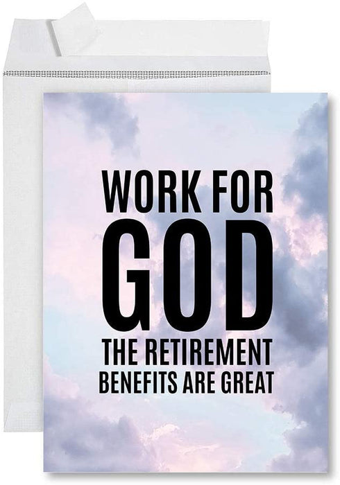 Funny Jumbo Retirement Card With Envelope, Greeting Card, For Coworker or Boss-Set of 1-Andaz Press-Work for God, Benefits Are Great-