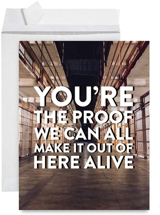 Funny Jumbo Retirement Card With Envelope, Greeting Card, For Coworker or Boss-Set of 1-Andaz Press-You're Proof We Can All Make It Out Alive-