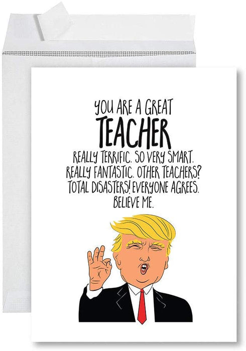Funny Jumbo Retirement Card With Envelope Greeting Card For Essential Workers-Set of 1-Andaz Press-Trump You're A Great Teacher-