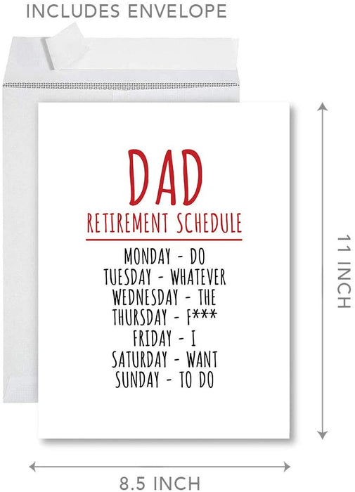 Funny Jumbo Retirement Card With Envelope, Greeting Card, For Parents-Set of 1-Andaz Press-Dad Retirement Schedule-