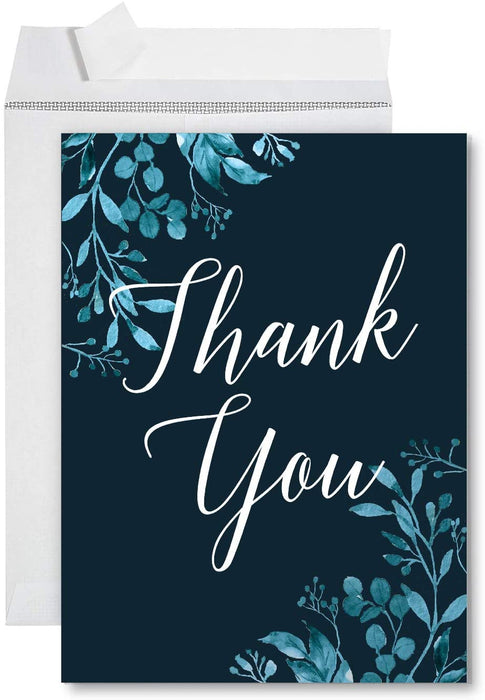 Funny Jumbo Thank You Card With Envelope, Greeting Card-Set of 1-Andaz Press-Thank You Navy Floral Foliage-