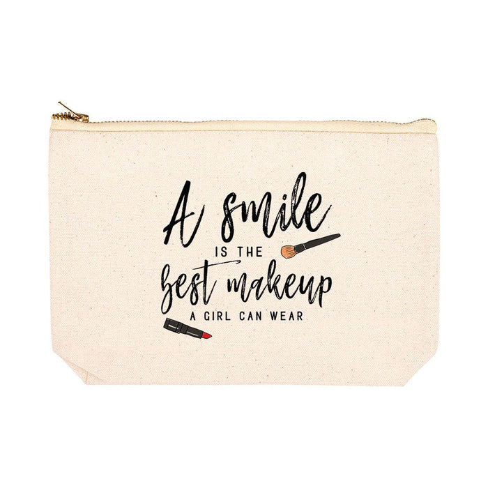 Funny Makeup Bag Canvas Cosmetic Bag with Zipper Makeup Pouch Design 1-Set of 1-Andaz Press-A Smile Is The Best Makeup A Girl Can Wear-