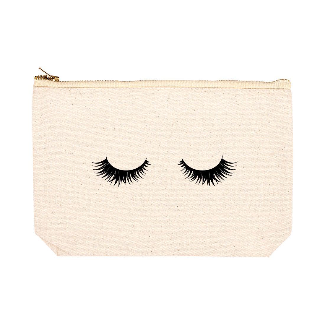Andaz Press Funny Makeup Bag Canvas Cosmetic Bag with Zipper Cute Eyelashes Makeup Pouch 6.5 x 9 inch, Size: Small, Beige