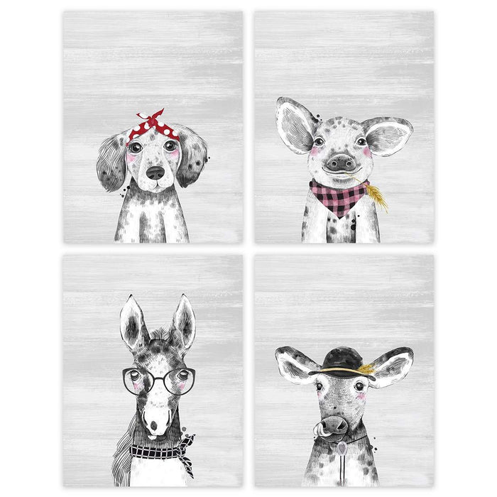 Funny Nursery Room Wall Art, Hipster Animals, Dog, Pig, Horse Cow, Gray Wood-Set of 4-Andaz Press-