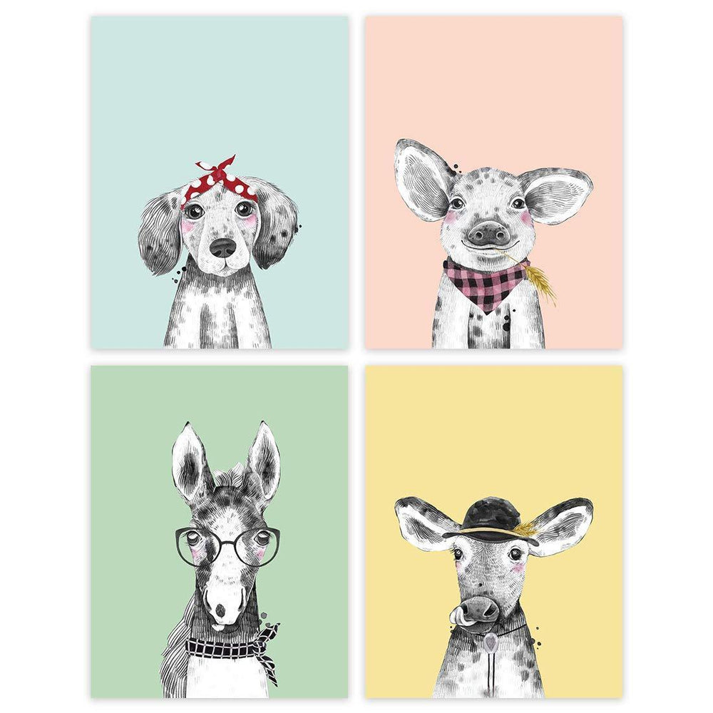Funny Nursery Room Wall Art, Hipster Animals, Dog, Pig, Horse Cow, Pastels-Set of 4-Andaz Press-