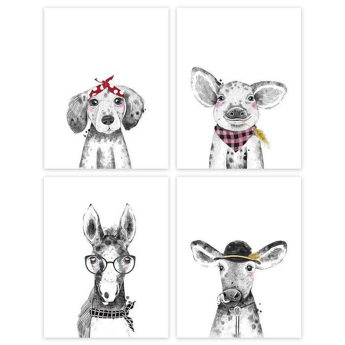 Funny Nursery Room Wall Art, Hipster Animals, Dog, Pig, Horse Cow, White-Set of 4-Andaz Press-