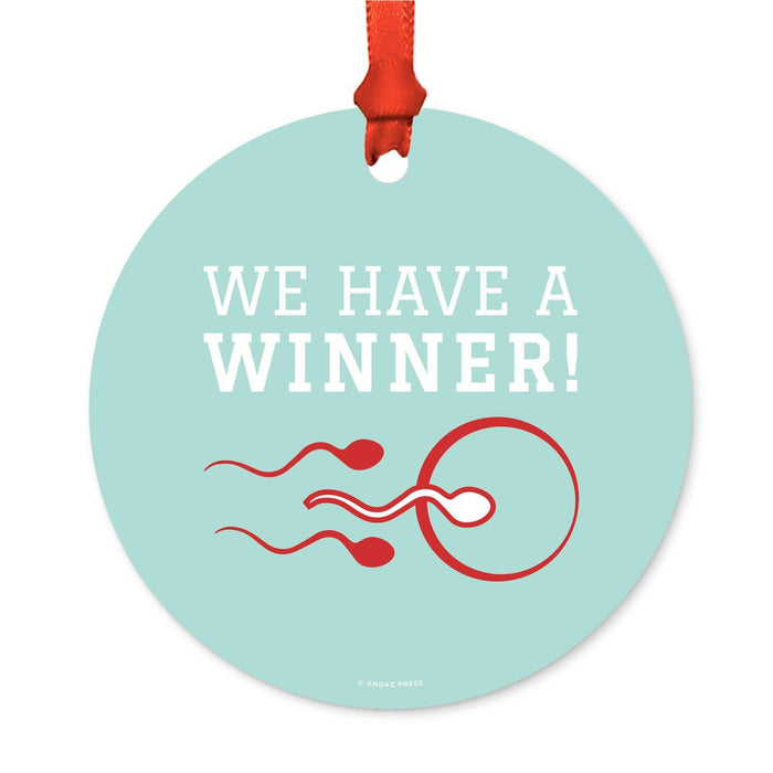 Funny Pregnancy Round Metal Christmas Ornaments, Includes Ribbon and Gift Bag-Set of 1-Andaz Press-Sperm Egg Graphic-