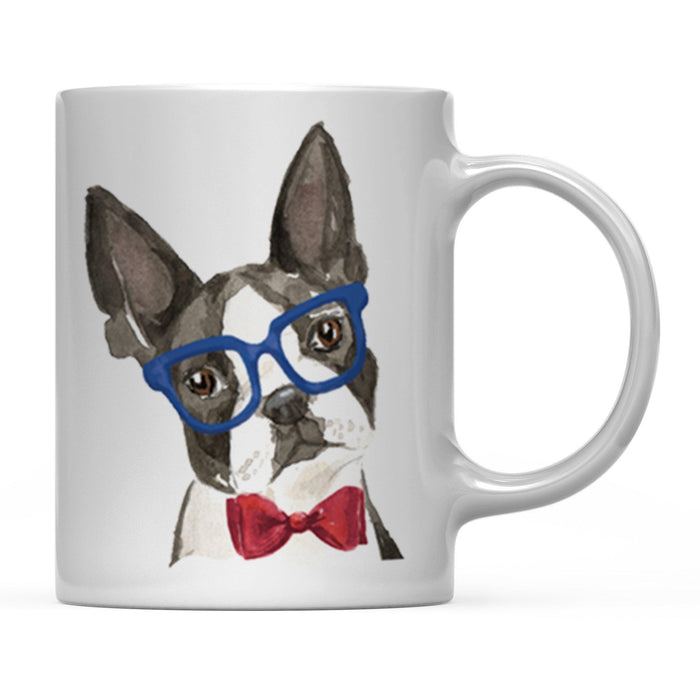 Funny Preppy Dog Art Coffee Mug-Set of 1-Andaz Press-Boston Terrier in Blue Glasses and Red Bow-