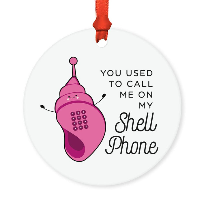 Funny Pun Round MDF Wood Christmas Tree Ornament-Set of 1-Andaz Press-Shell Phone-