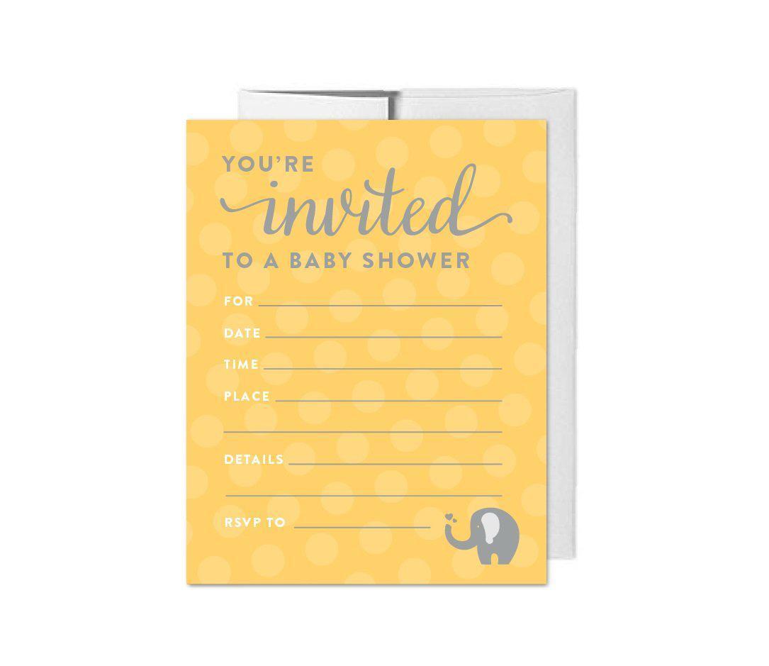 Gender Neutral Elephant Baby Shower Blank Invitations, 20-Pack, image size:1085x939