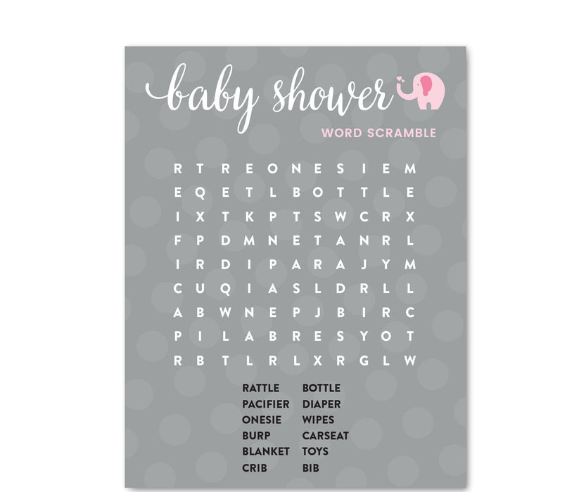 Girl Elephant Baby Shower Games & Fun Activities-Set of 20-Andaz Press-Word Search-