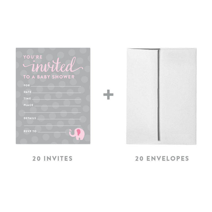 Girl Elephant Baby Shower Party Blank Invitations-Set of 20-Andaz Press-