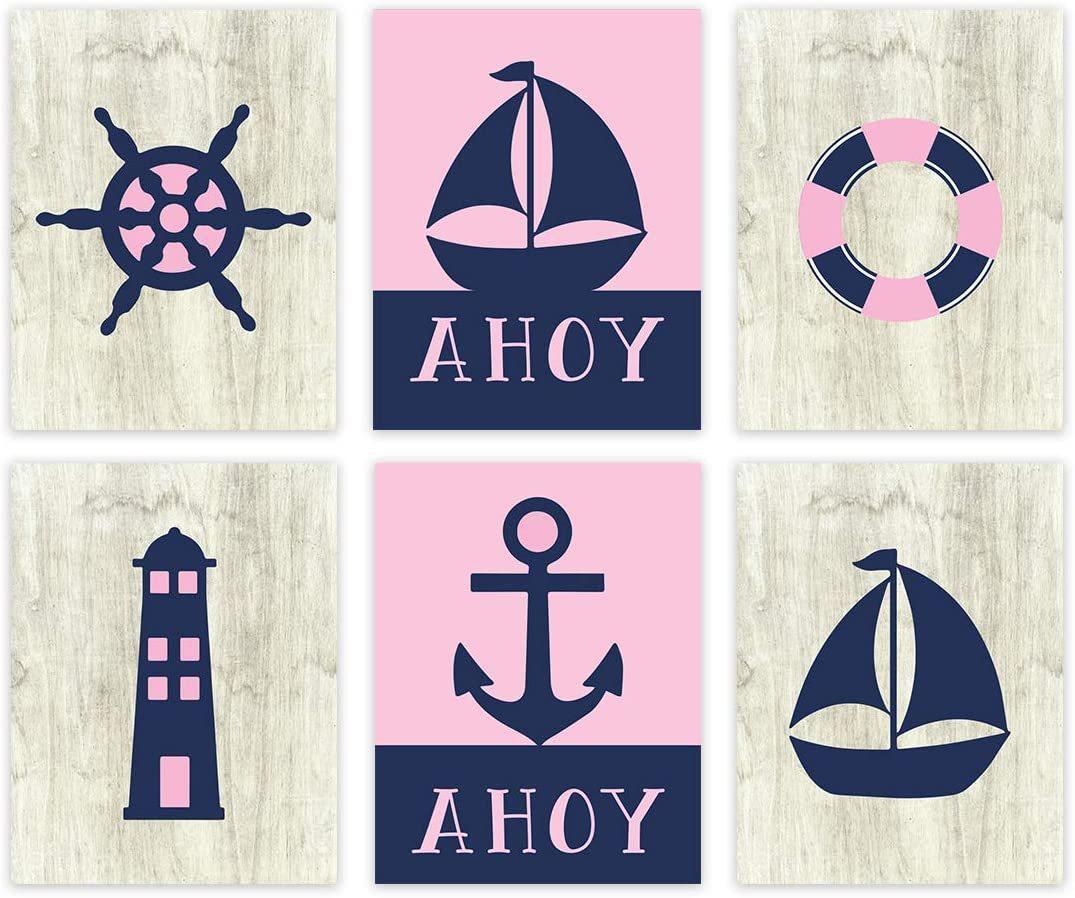 Girls Nautical Theme Nursery Hanging Wall Art, Pink Navy Blue, Ahoy, Boat, Anchor, Lighthouse-Set of 6-Andaz Press-