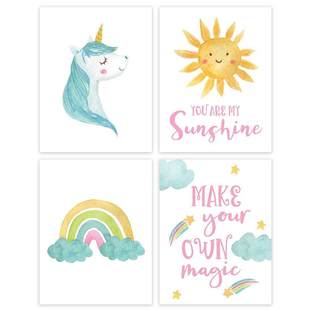 Girls Nursery Room Wall Art, Blue Unicorn Rainbow You are My Sunshine, Make Your Own Magic-Set of 4-Andaz Press-