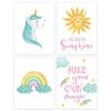 Girls Nursery Room Wall Art, Blue Unicorn Rainbow You are My Sunshine, Make Your Own Magic-Set of 4-Andaz Press-